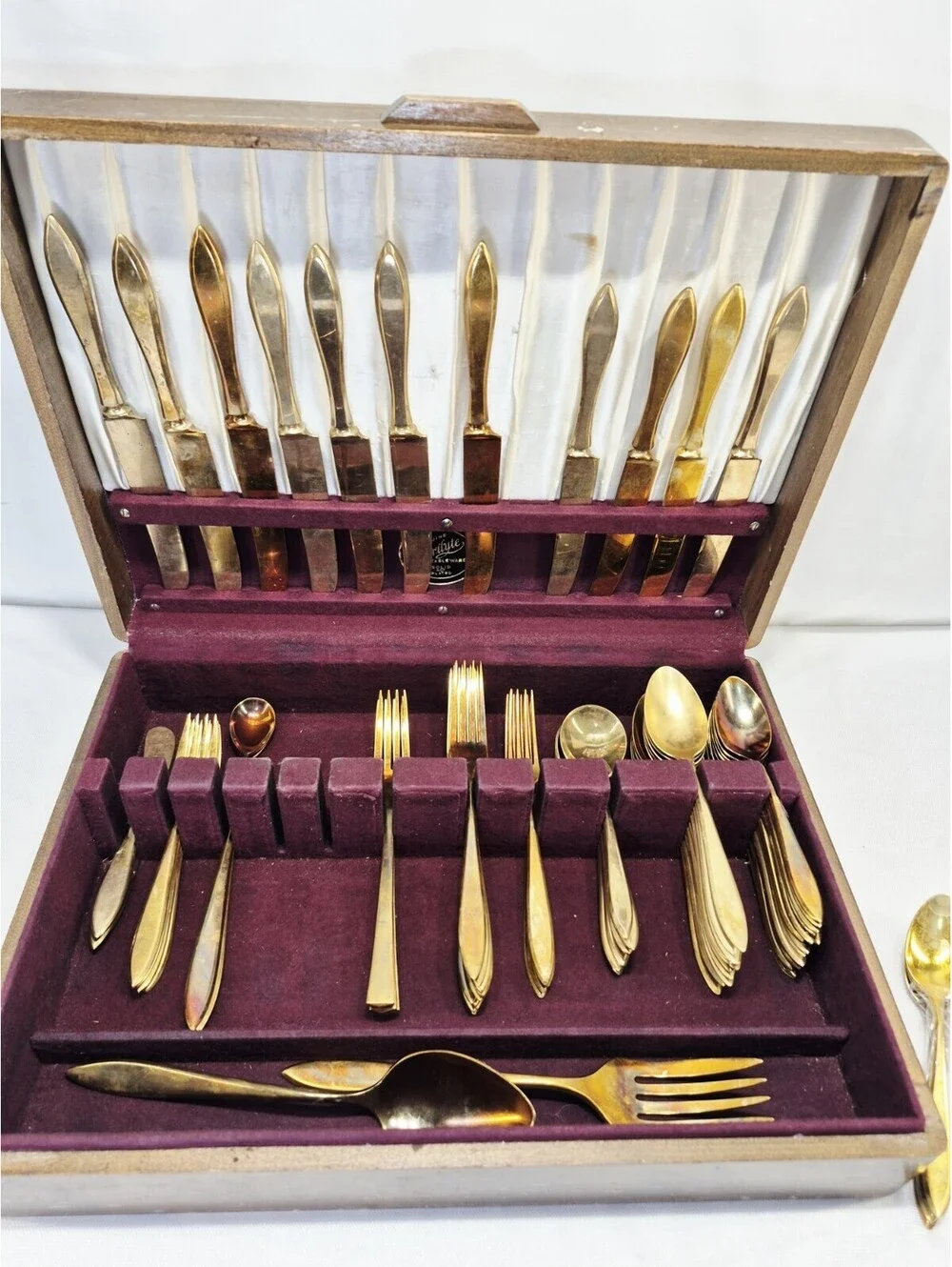 Vintage Genuine Dirilyte Table/Silverware Gold Tone Wood Storage Box Solid